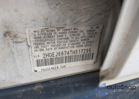 1996 Honda Civic Lx from USA, damaged, VIN 2HGEJ6674TH517295